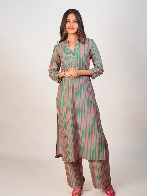 Pink & Green Striped Kurta Set