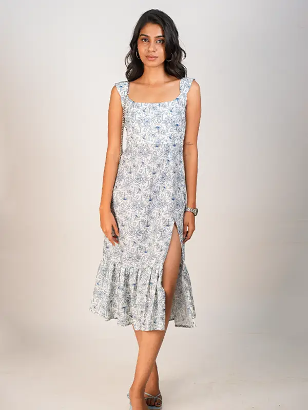 Printed Ruffled Slit Dress