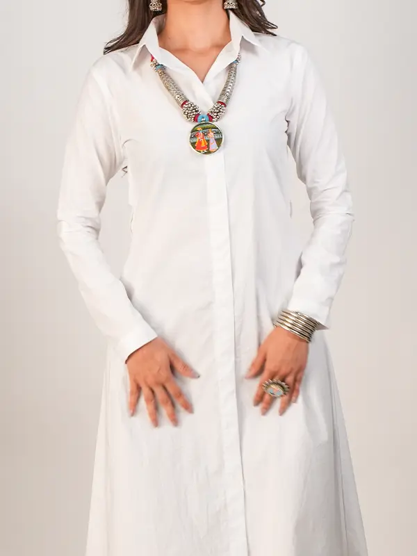 White Collared Kurta & Brown Pant Set - Image 2