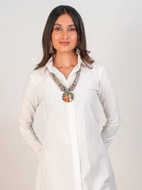 White Collared Kurta & Brown Pant Set - Image 3