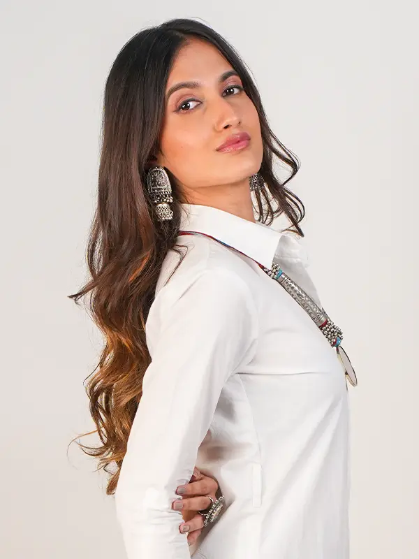 White Collared Kurta & Brown Pant Set - Image 4