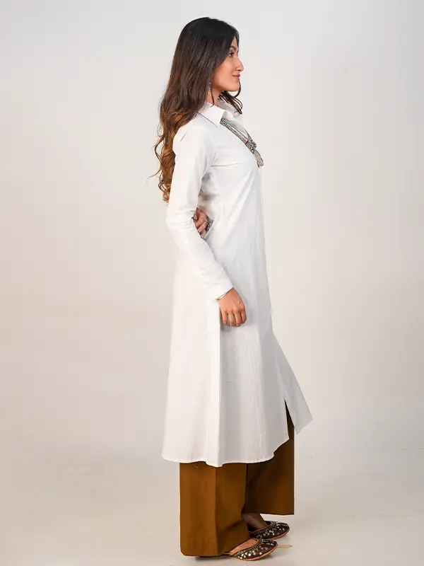 White Collared Kurta & Brown Pant Set - Image 5