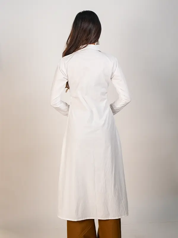 White Collared Kurta & Brown Pant Set - Image 6