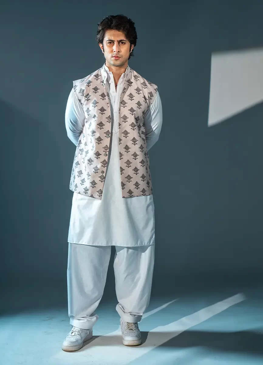 Cotton Linen Kurta Set with Beige Jacket