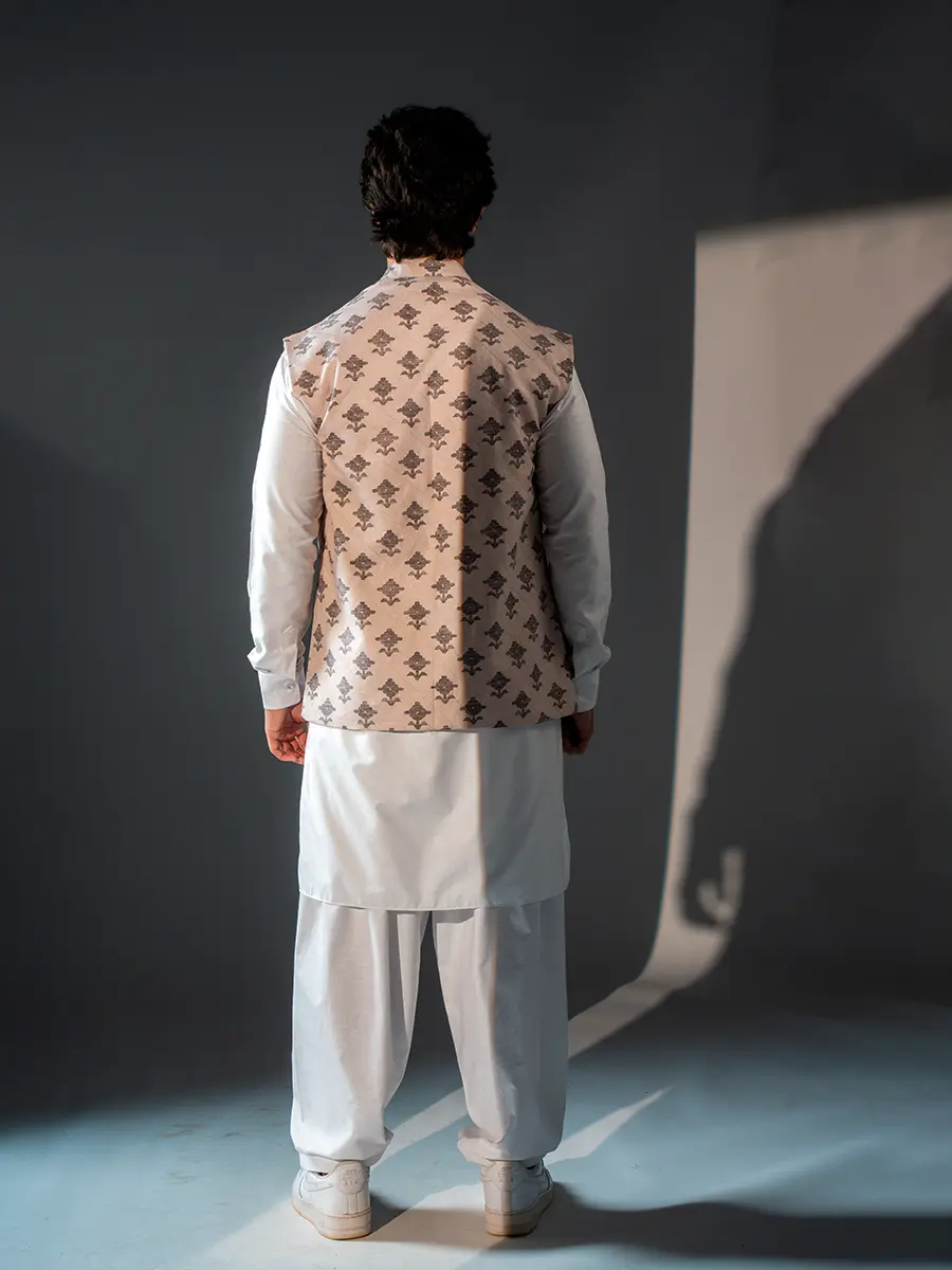 Cotton Linen Kurta Set with Beige Jacket ( 3 Piece Set ) - Image 2