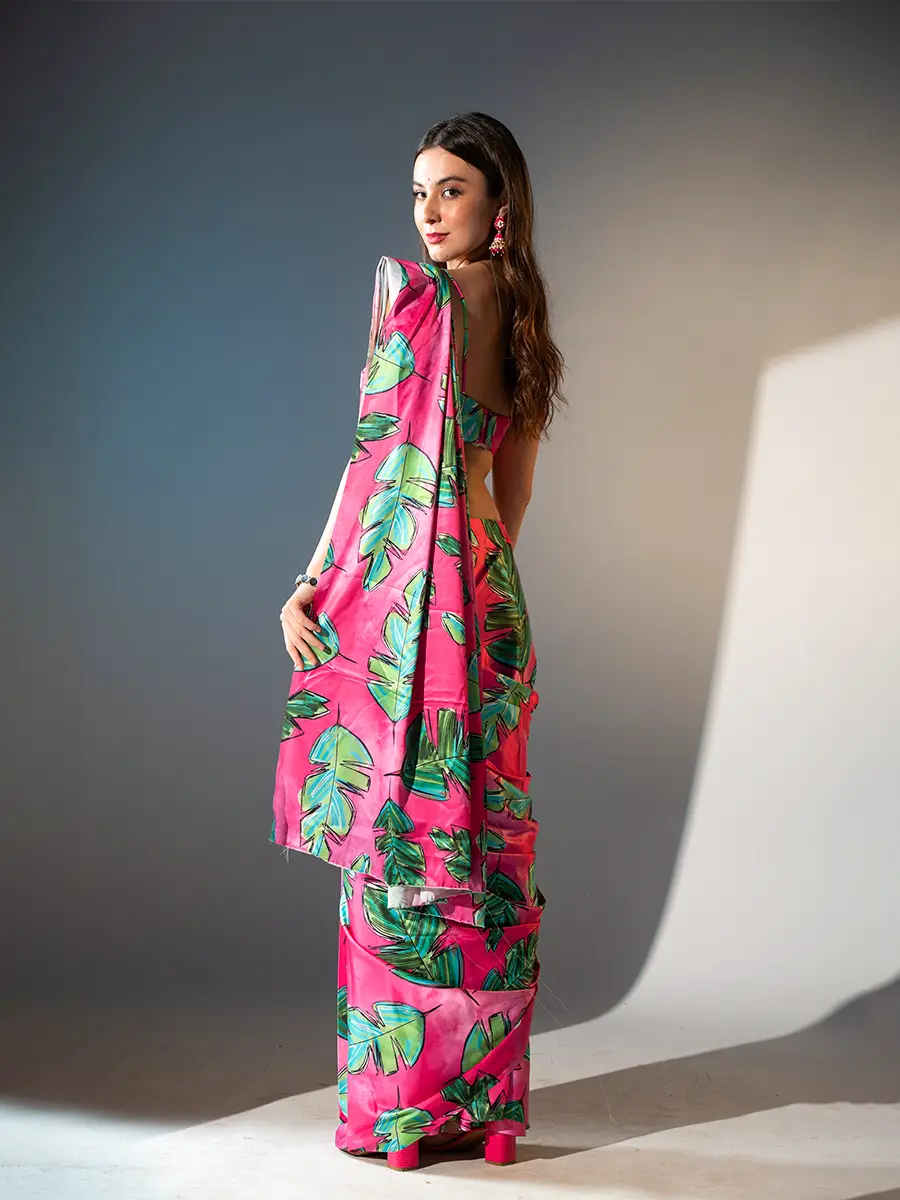 Retro Printed Satin Saree - Image 3