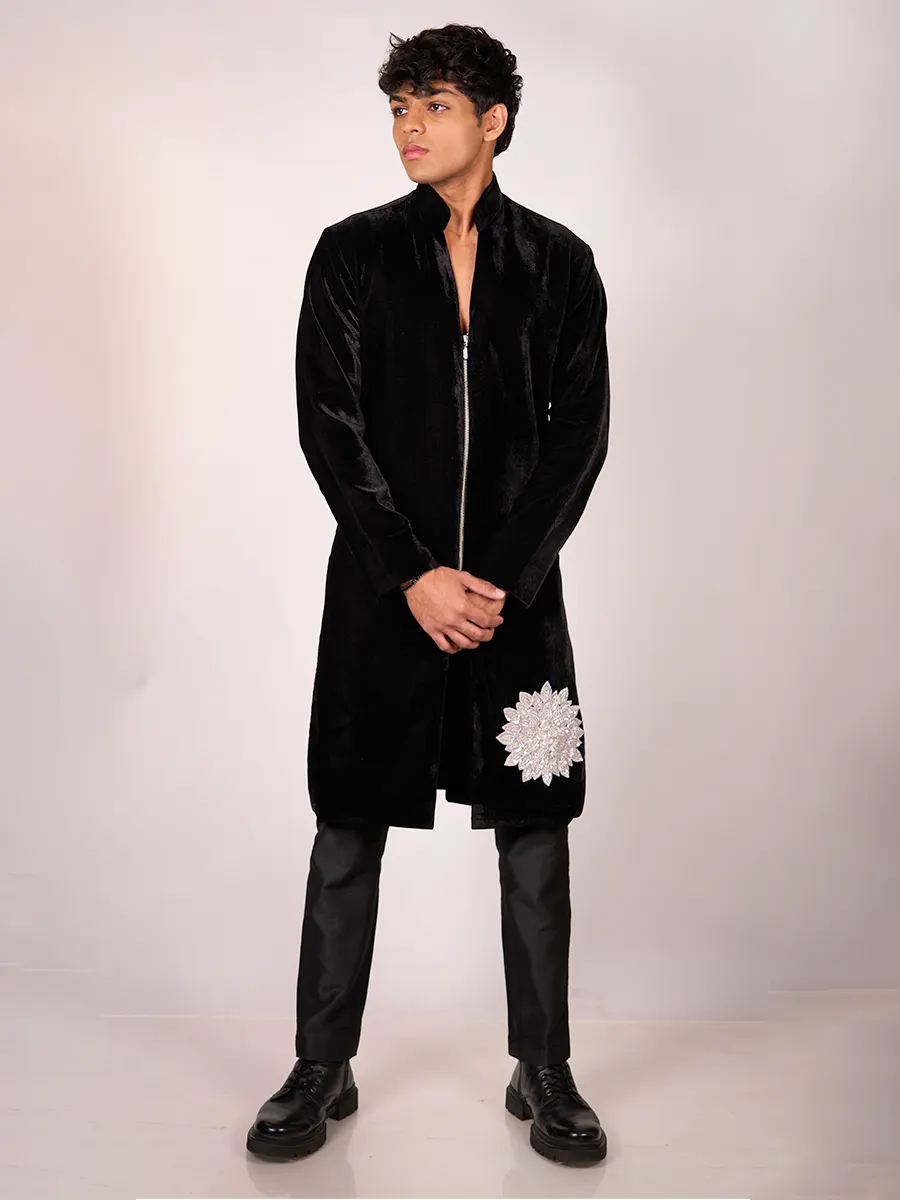 Black Embellished Velvet Kurta Set