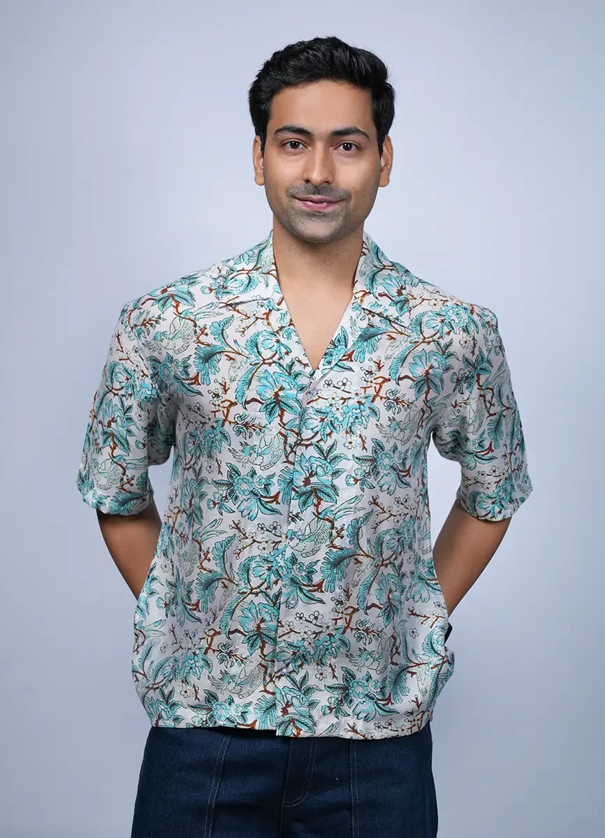 White Chanderi Printed Shirt