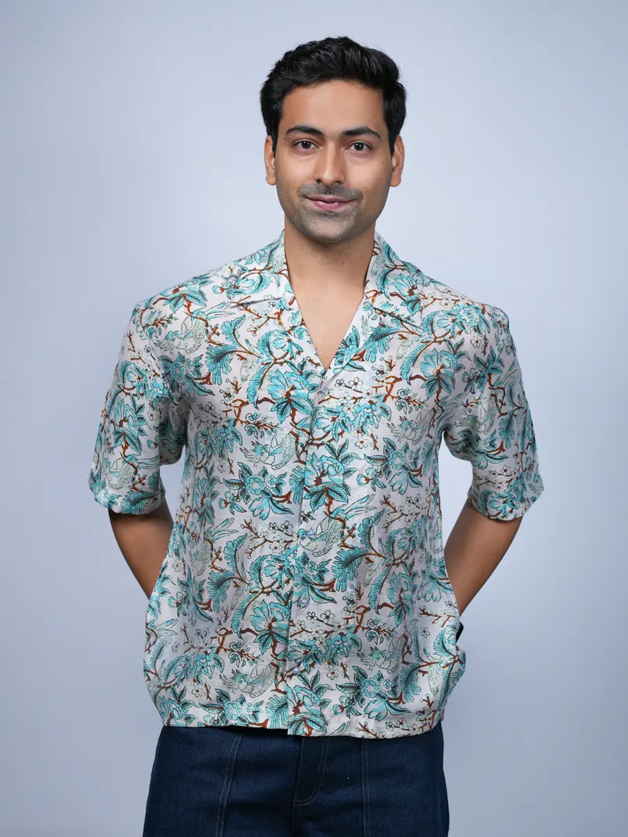 White Chanderi Printed Shirt
